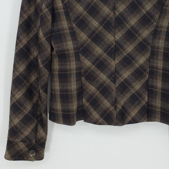 BCBGMaxazria Y2K Plaid Blazer Jacket XS Wool Ruffle Collar Brown Black BCBG - Picture 8 of 9